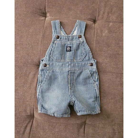 OshKosh B'Gosh Baby Hickory Stripe Shortalls Railroad Denim Overalls - Size 12 M - Picture 2 of 11